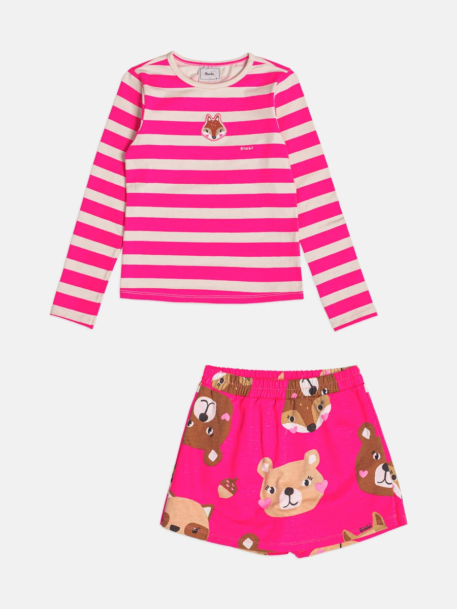 Conjunto Infantil Bimbi Inverno com Shorts Saia e Blusa Manga Longa Rosa Listrada Raposinha
