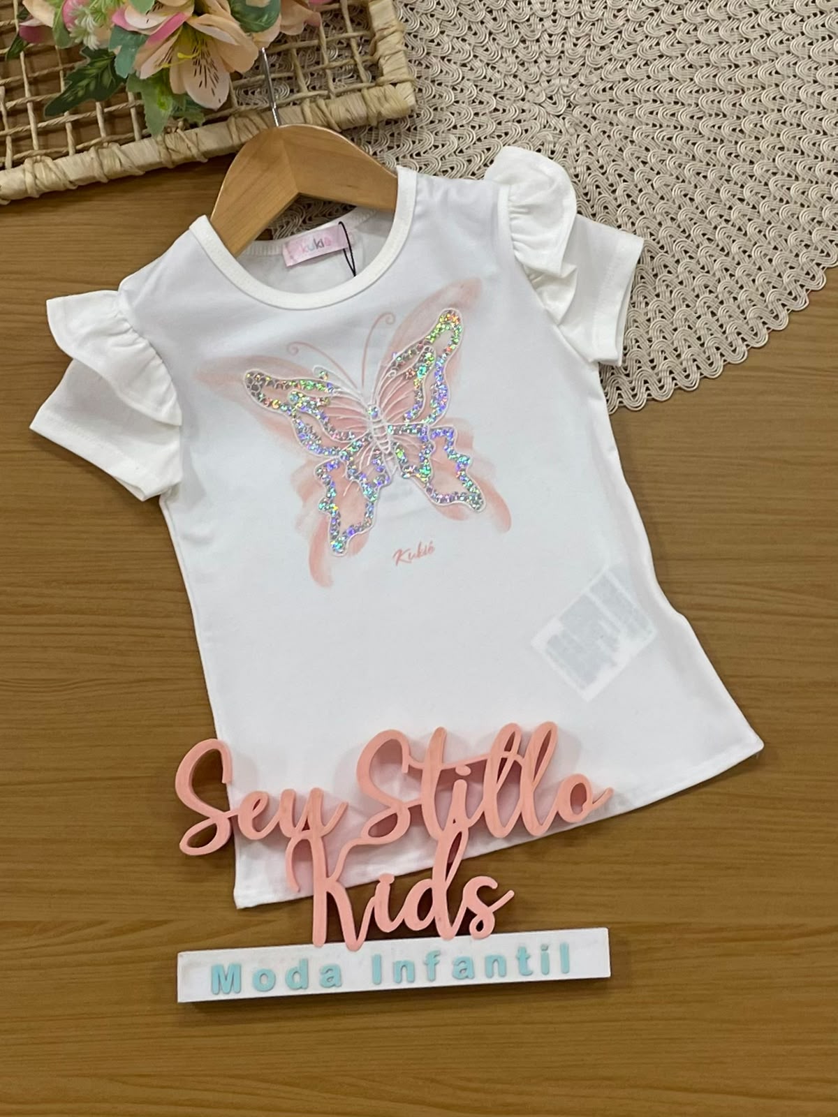 Conjunto Infantil Menina Kukiê com Shorts Saia Listrado e Blusa Branca Borboletinha