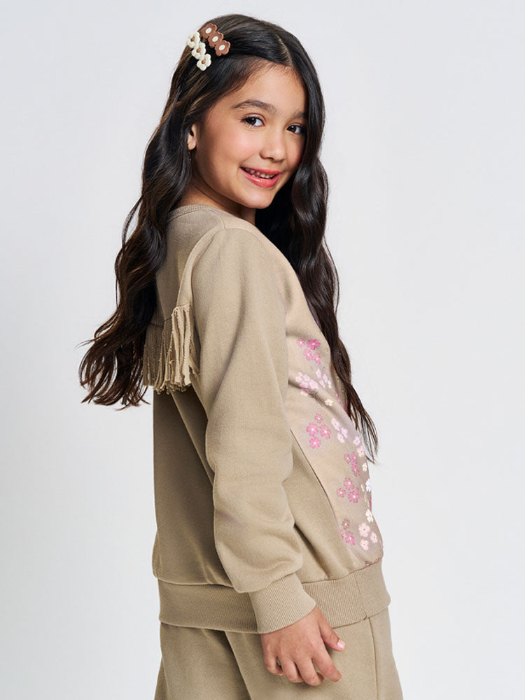 Conjunto Infantil Cinti Inverno com Calça e Moletom Flanelado Bege Ursinha Cute