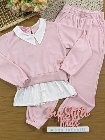 Conjunto Infantil Cinti Inverno com Calça e Casaco Rosa com Strass