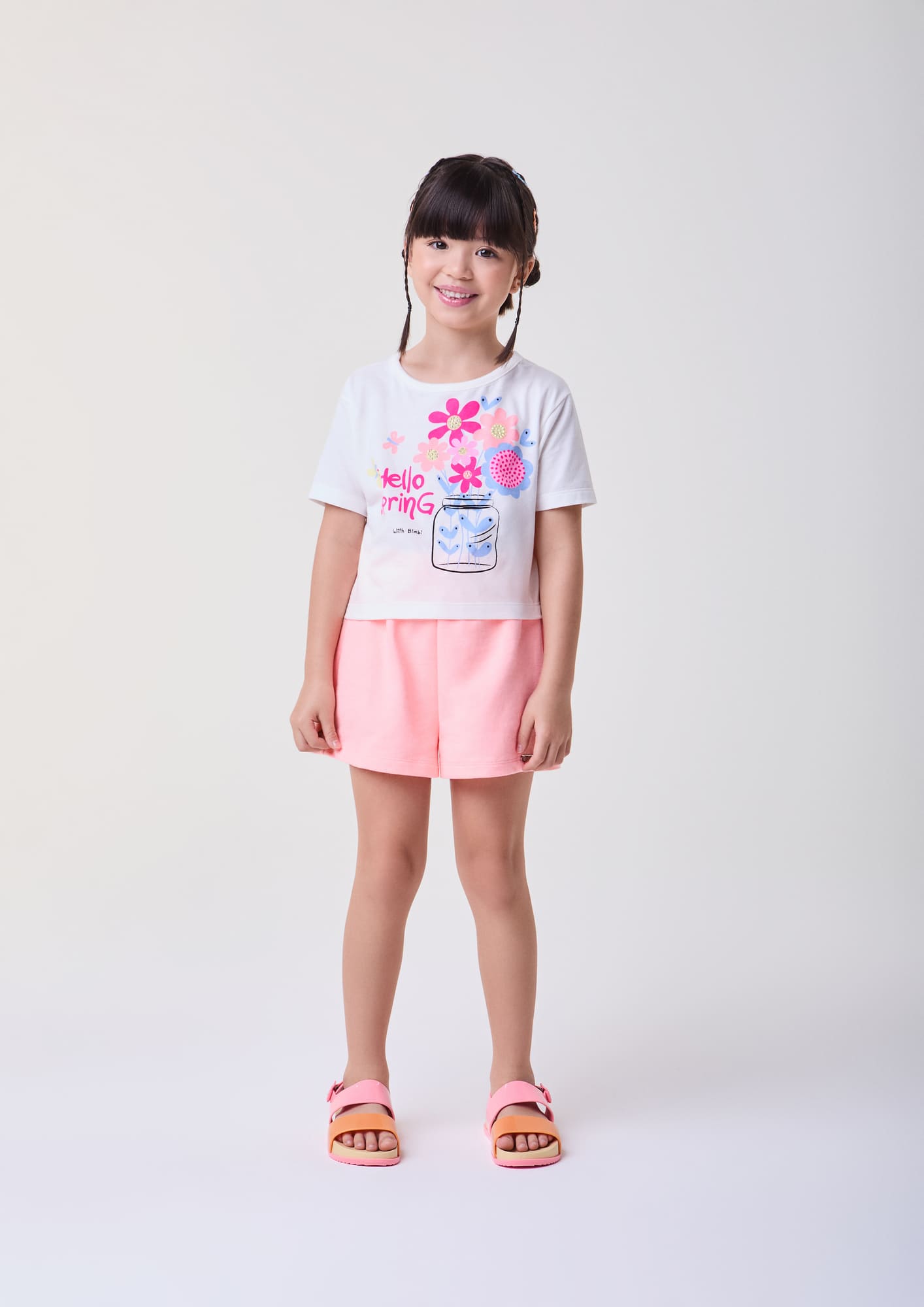 Conjunto Infantil Bimbi Verão com Short Coral e Blusa Branca Floral Primavera