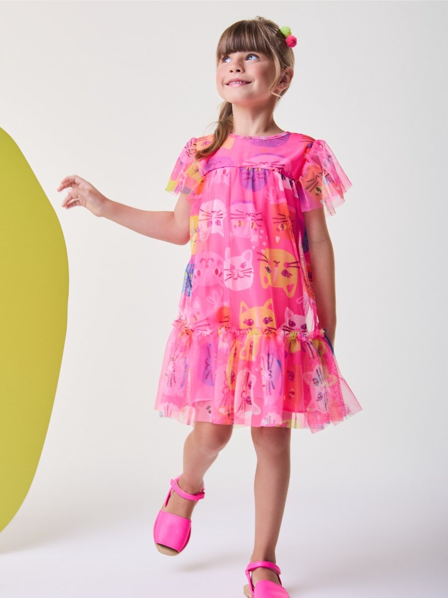Vestido Infantil Bimbi Verão Rosa com Tule Gatinhos