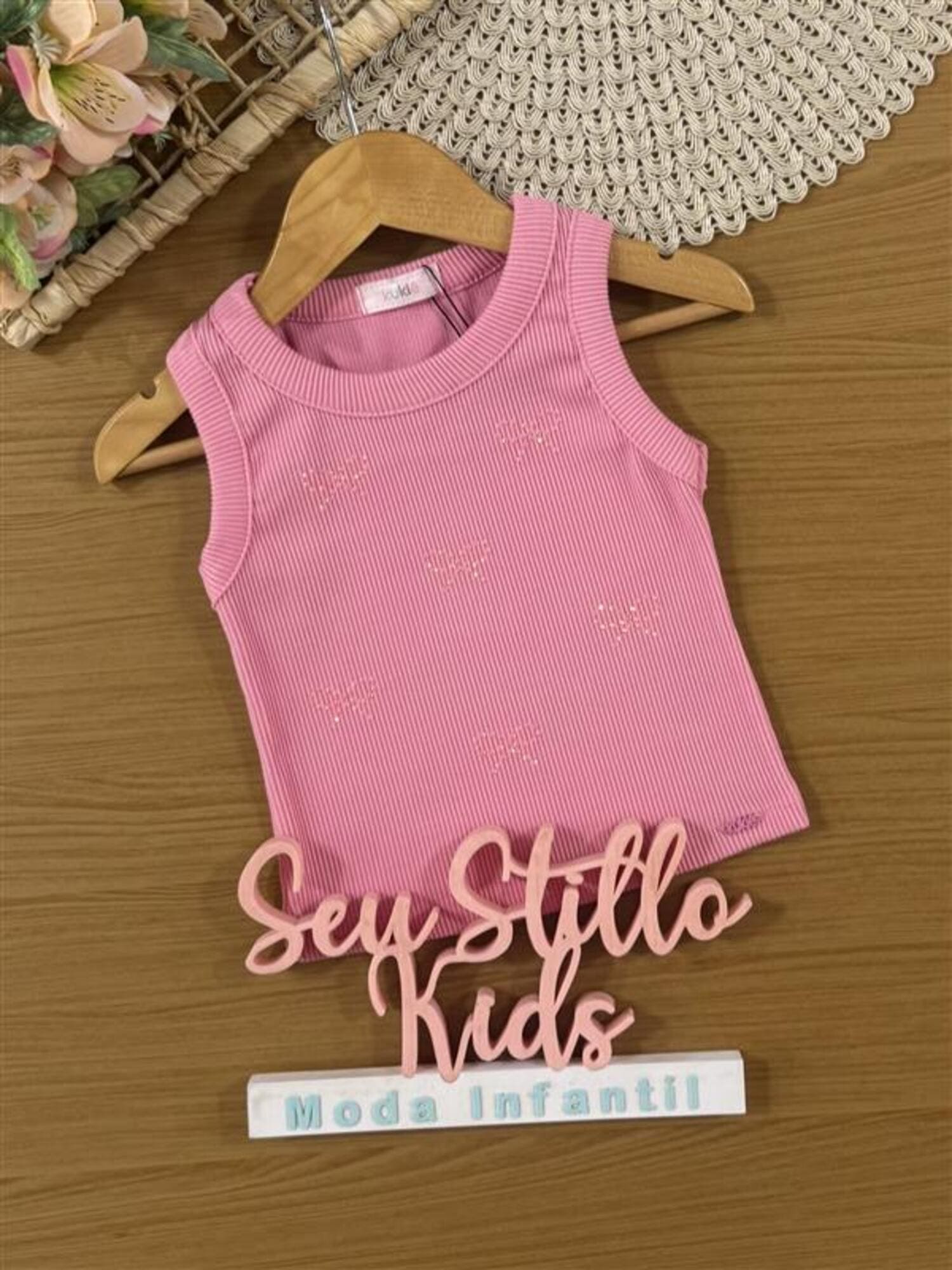 Regata Infantil Kukiê Verão Rosa com Strass