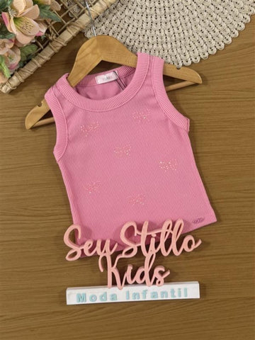 Regata Infantil Kukiê Verão Rosa com Strass