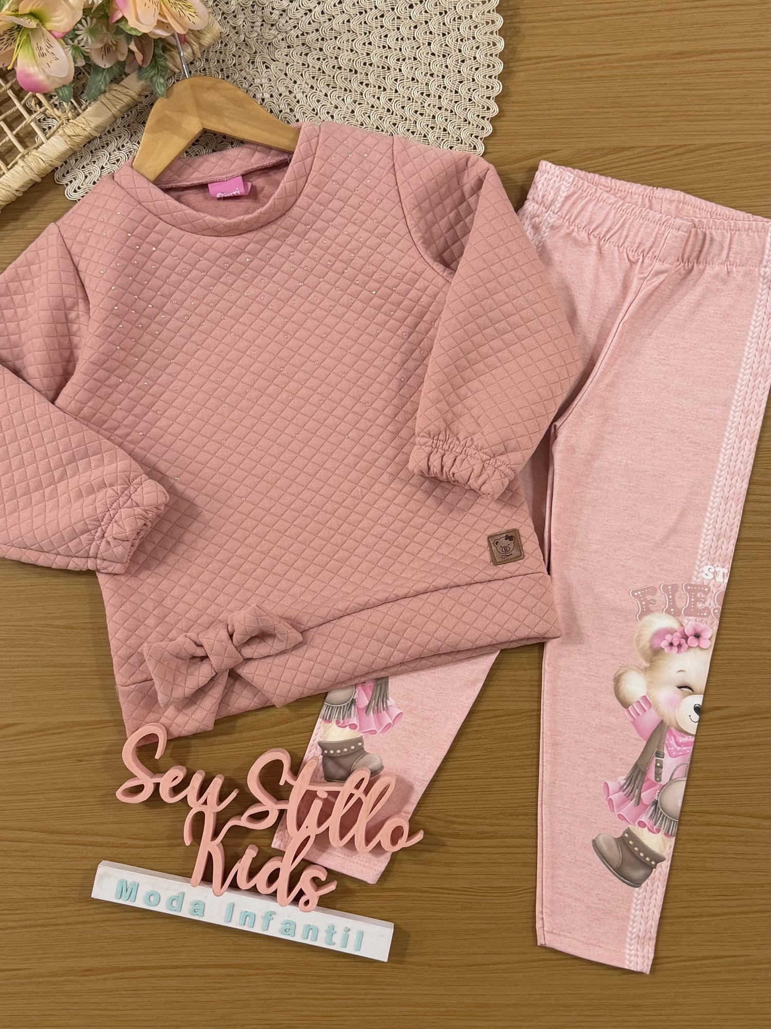 Conjunto Infantil Cinti Inverno, Calça Legging e Moletom sem Flanela Rosa com Strass