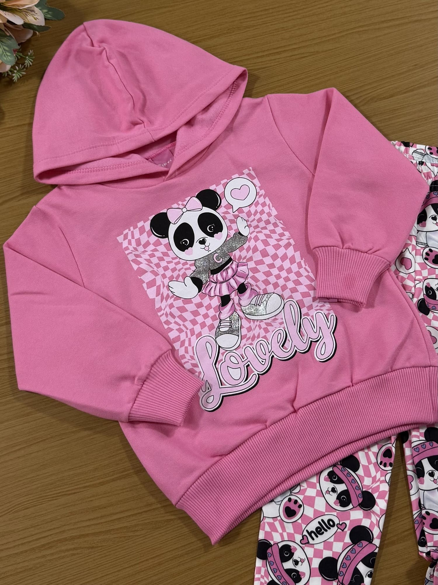 Conjunto Infantil Cinti Inverno Calça Legging e Moletom Flanelado Rosa Panda