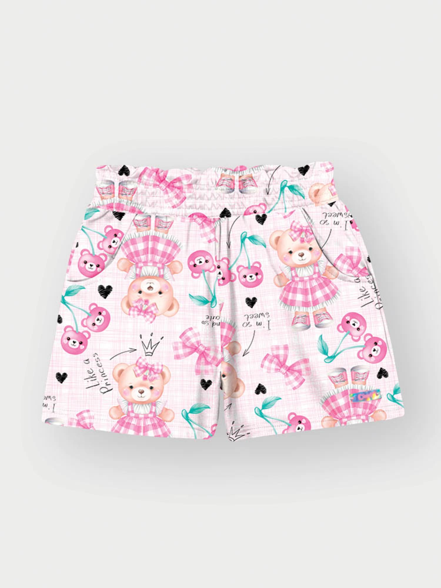 Conjunto Infantil Cinti Verão com Shorts Rosa e Blusa Branca Ursinha Love com Strass