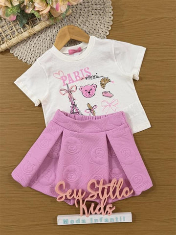 Conjunto Infantil Momi Inverno com Shorts Saia  e Blusa Manga Curta Ursinha Paris