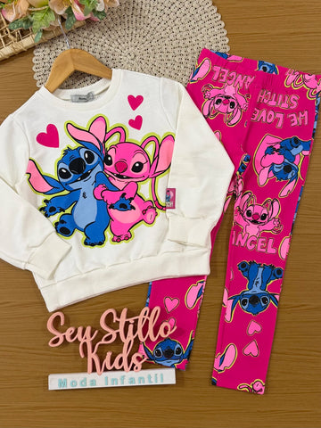 Conjunto Infantil Bimbi Inverno com Calça Legging Rosa e Moletom sem Flanela Stitch e Angel Disney