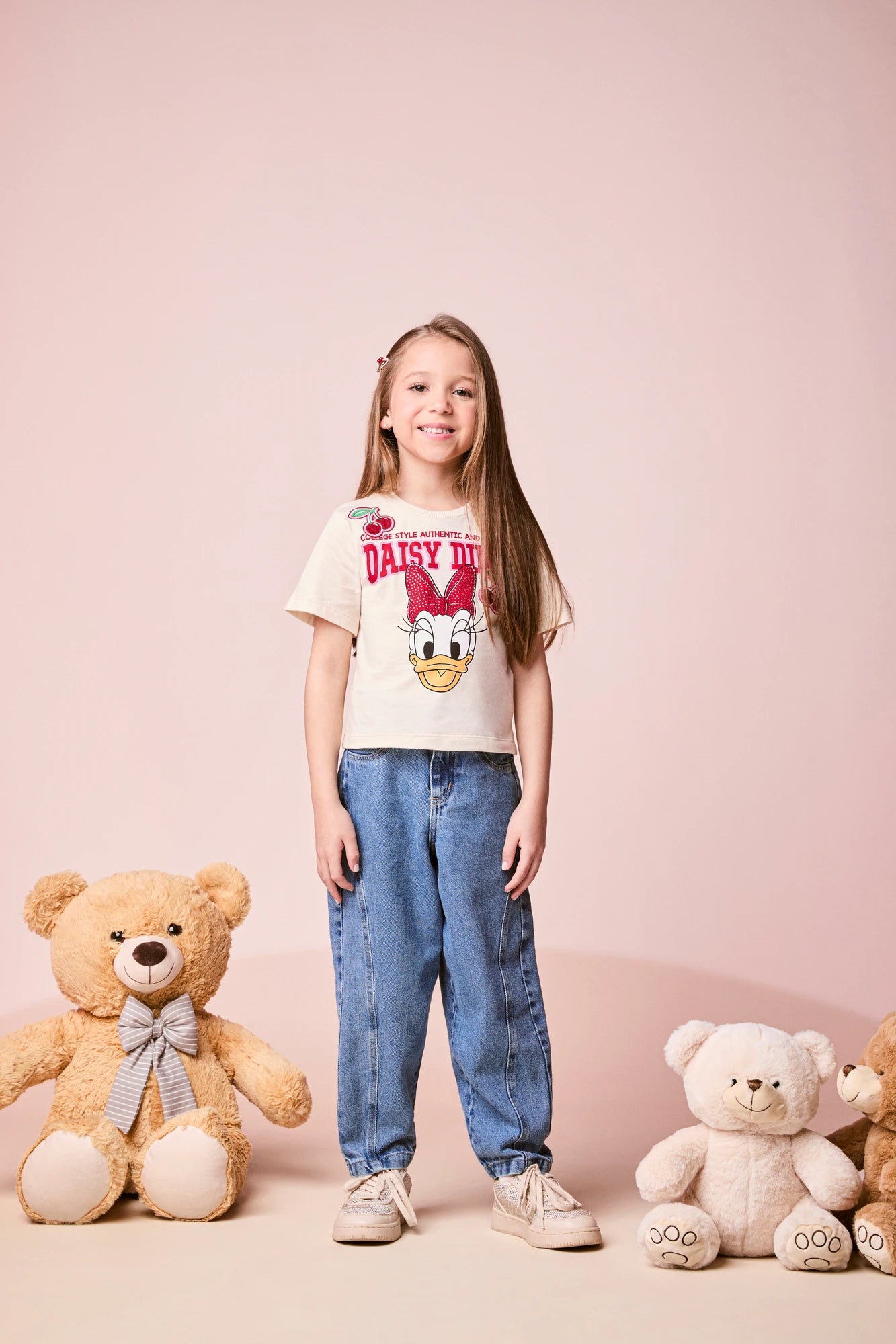 Blusa Infantil Momi Inverno Manga Curta Bege Daisy Duck Cerejinha Disney
