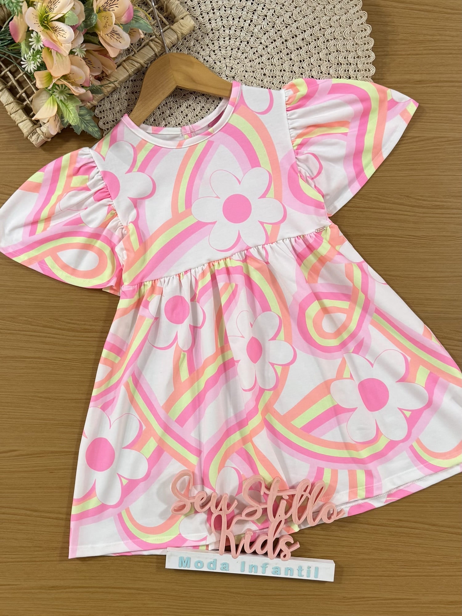 Vestido Infantil Cinti Verão Branco Arco-íris Floral