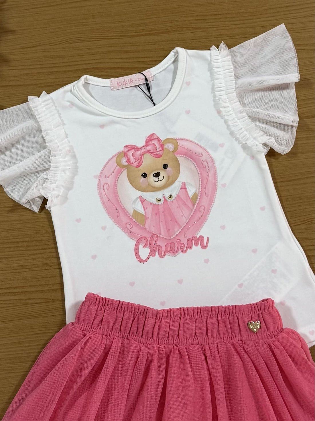 Conjunto Infantil Kukiê Inverno com Saia Tule Rosa e Blusa Ursinha Charm