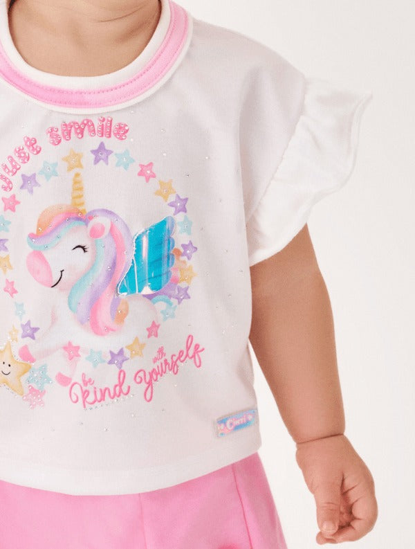Conjunto Infantil Cinti Verão Shorts Saia Rosa e Blusa Unicórnio