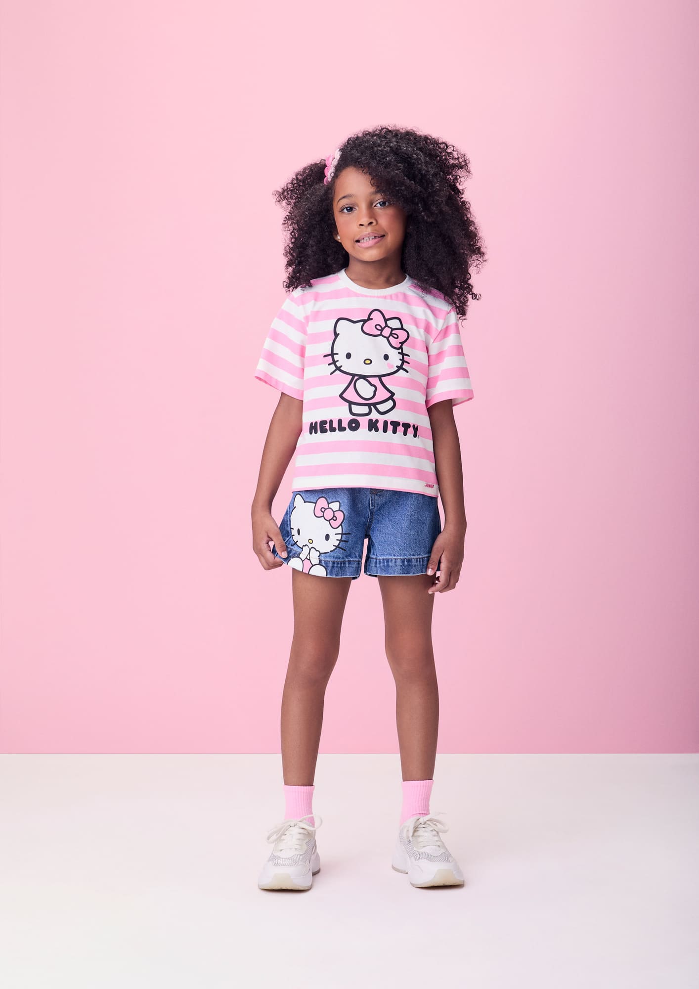Blusa Infantil Momi Verão Listrada Rosa Hello Kitty