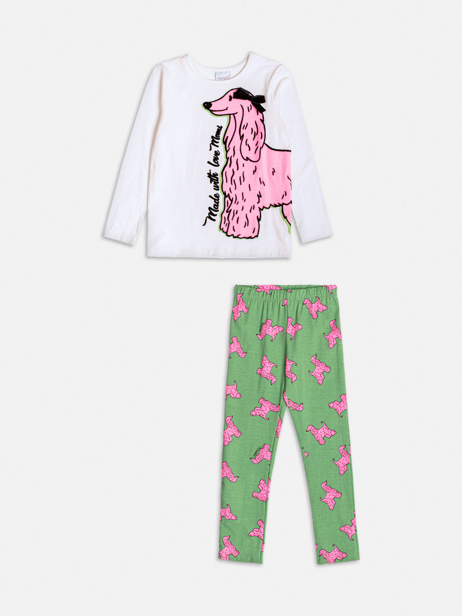 Conjunto Infantil Momi Inverno com Calça Verde e Blusa Manga Longa Branca Cachorrinha