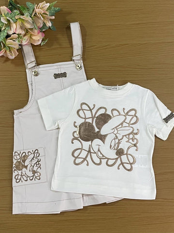 Jardineira Infantil Animê Verão Bege Com Blusa Minnie e Mickey Disney