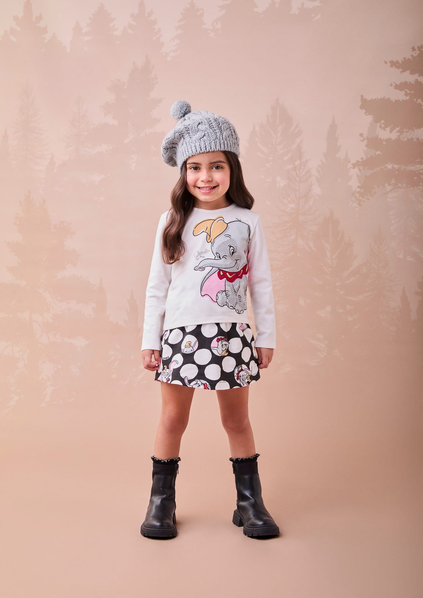 Conjunto Infantil Momi Inverno com Short-Saia Preto e Blusa Manga Longa Dumbo