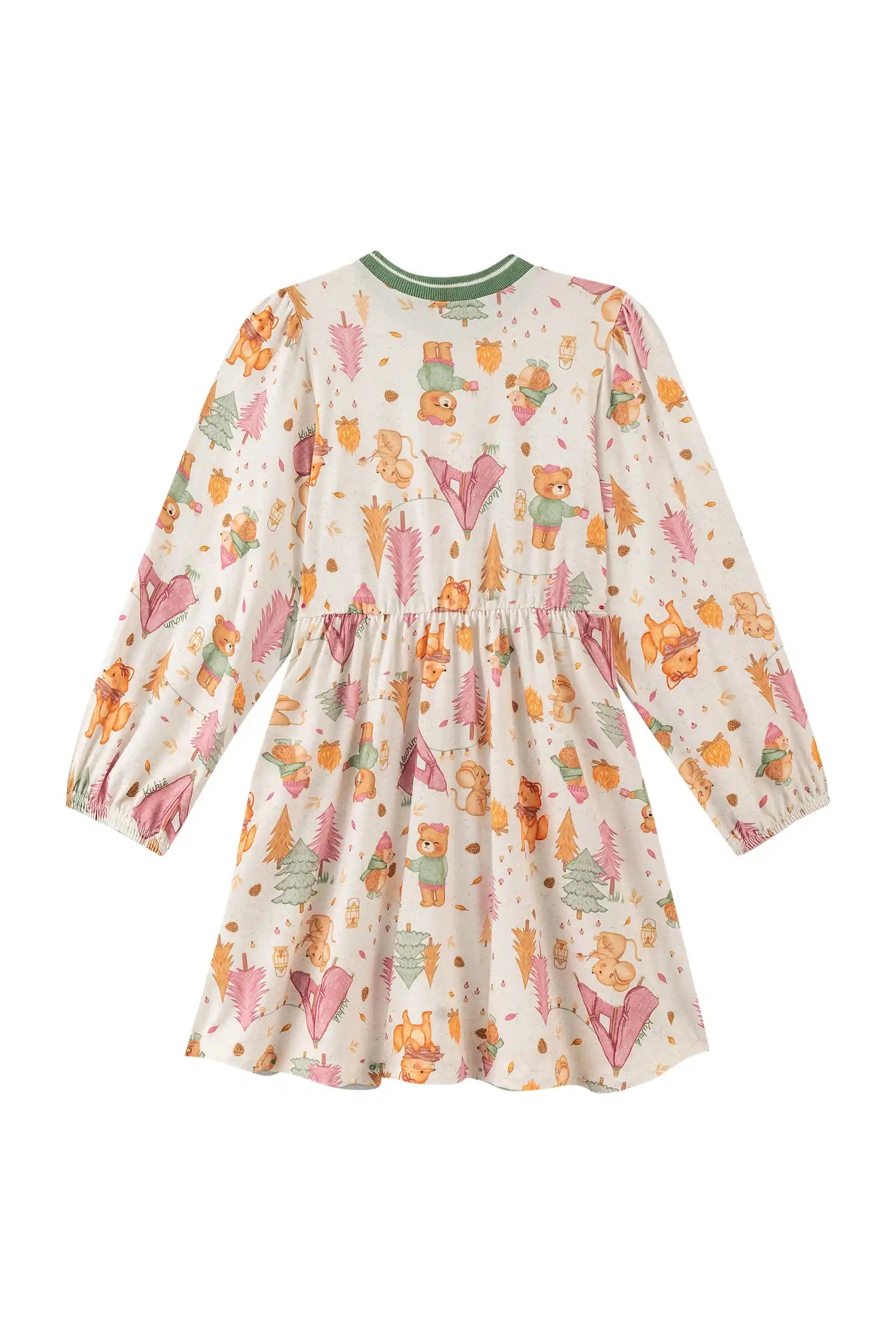 Vestido Infantil Kukiê Inverno Manga Longa Off White Animais na Floresta