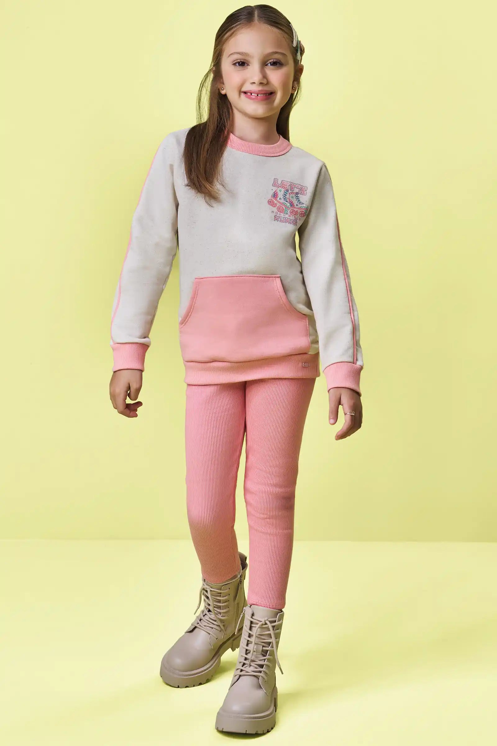 Conjunto Infantil Kukiê Inverno com Calça Legging Rosa e Moletom sem Flanela Patins
