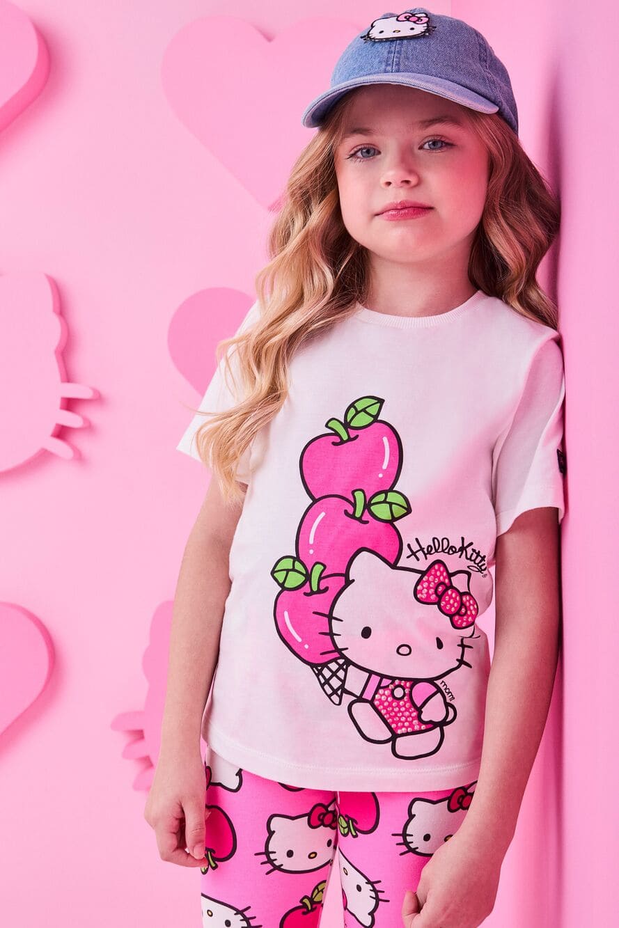 Conjunto Infantil Momi Verão Shorts Ciclista Rosa e Blusa Hello Kitty