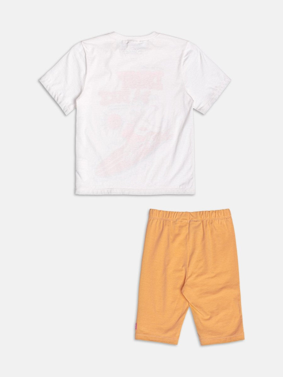 Conjunto Infantil Momi Verão com Shorts Ciclista Laranja e Blusa Branca Daisy Duck Disney