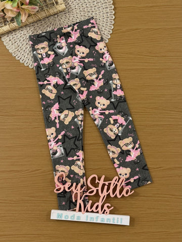 Calça Legging Infantil Inverno Térmica Cinza Ursinha Roqueira