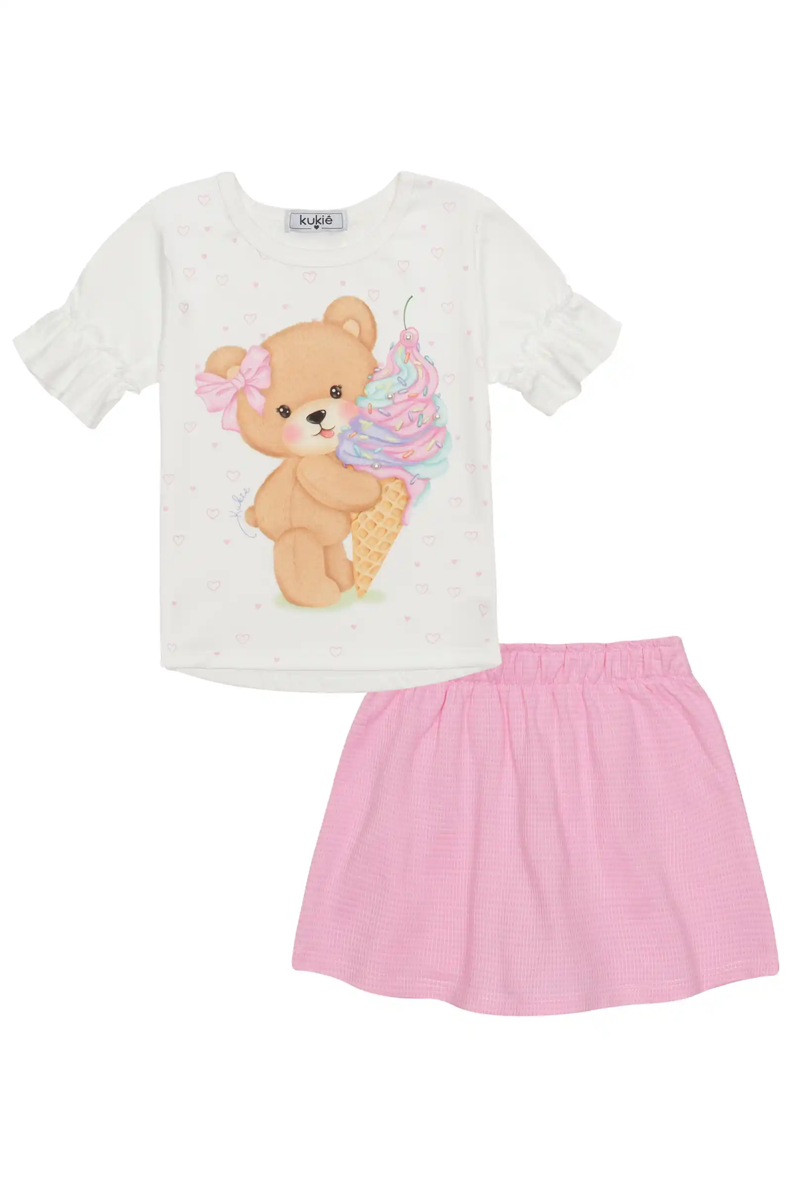 Conjunto Infantil Kukiê com Shorts Saia Rosa e Blusa Manga Curta Sorvetinho