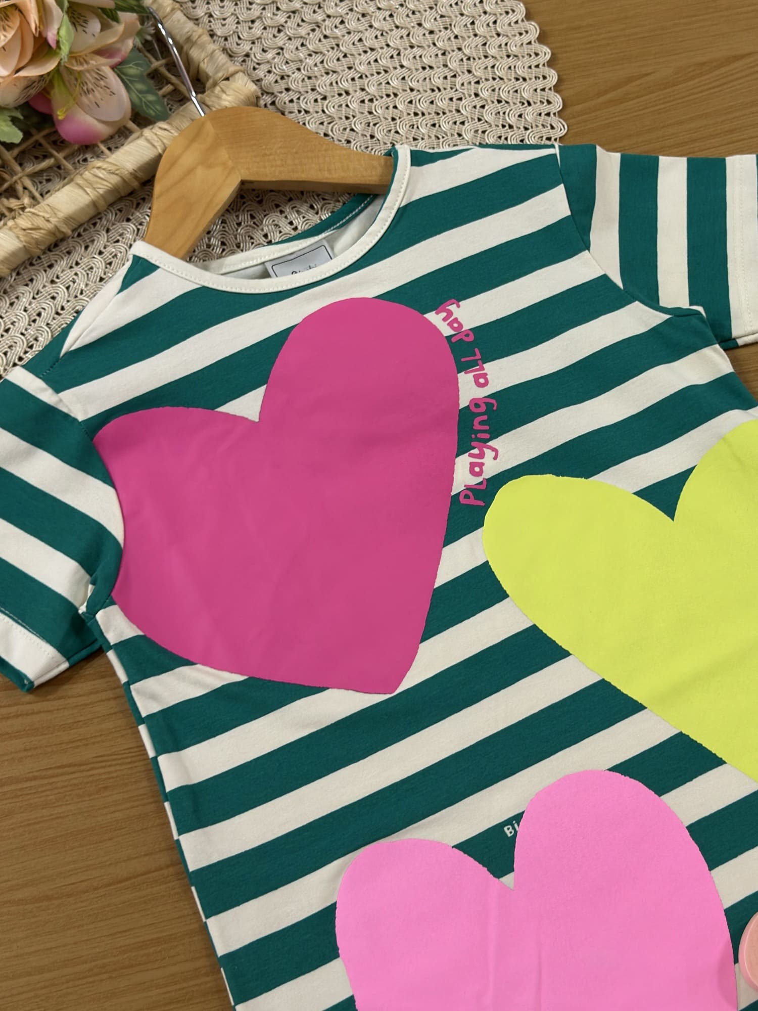 Vestido Infantil Bimbi Inverno Verde Listrado Coração
