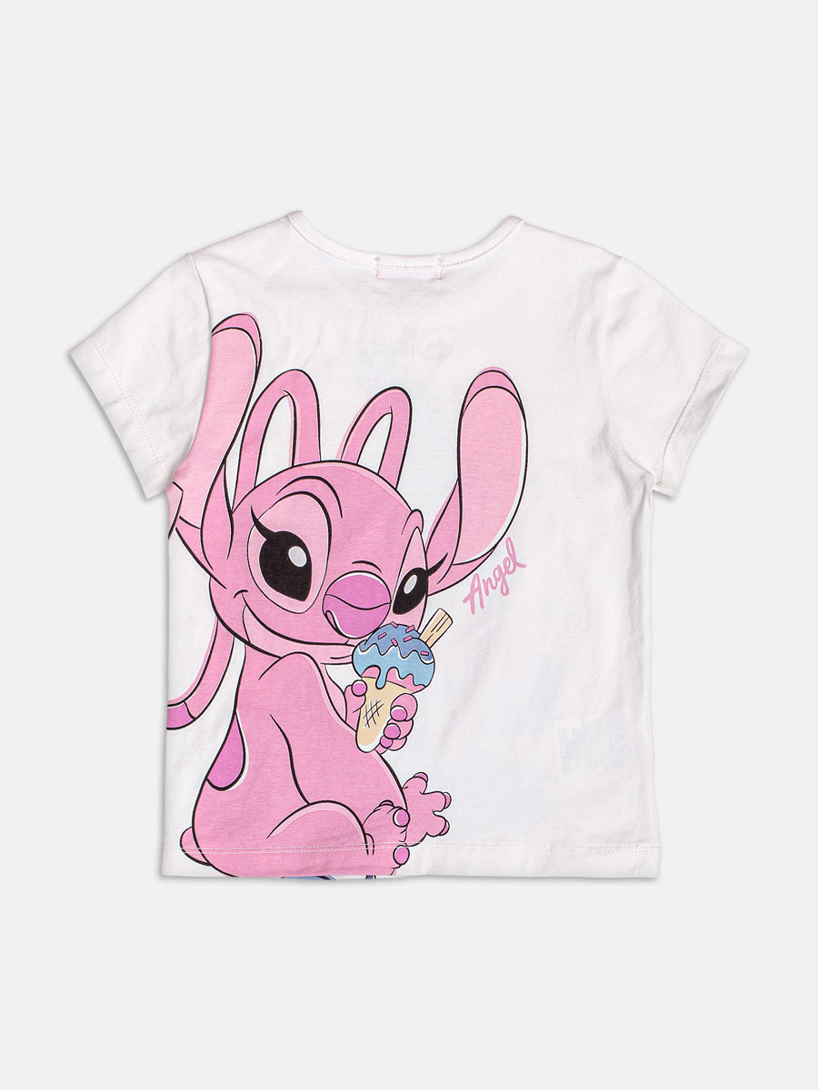 Conjunto Infantil Momi Verão com Shorts Ciclista Azul e Blusa Branca Angel e Stitch Disney