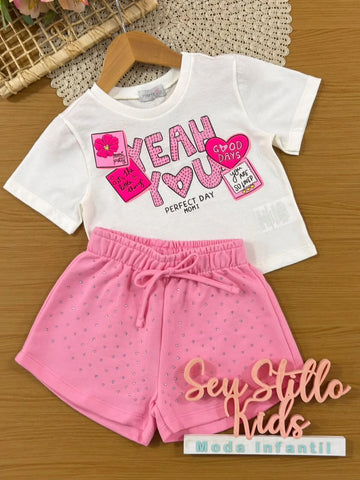 Conjunto Infantil Menia Momi, Shorts Rosa com Strass e Blusa Yeah You