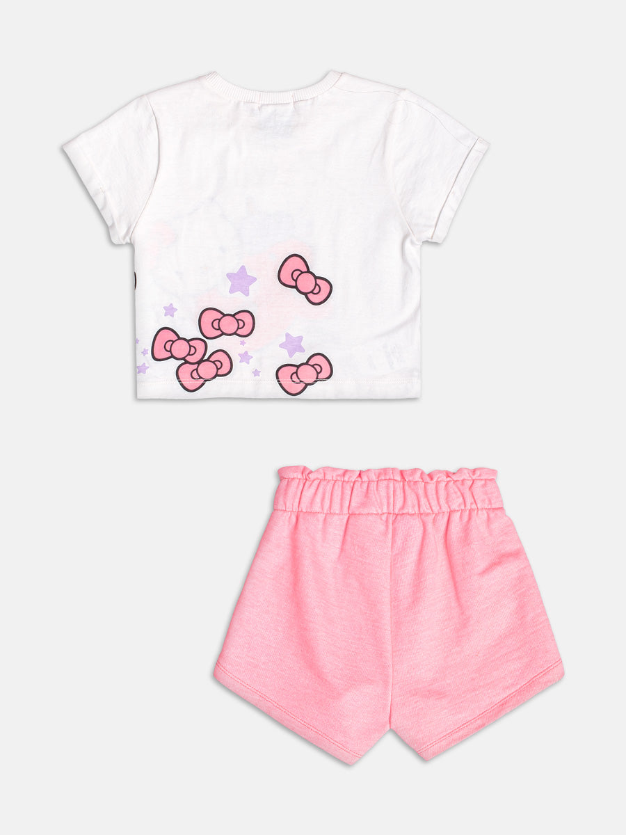 Conjunto Infantil Momi Verão com Shorts Rosa e Blusa Branca Hello Kitty Unicórnio