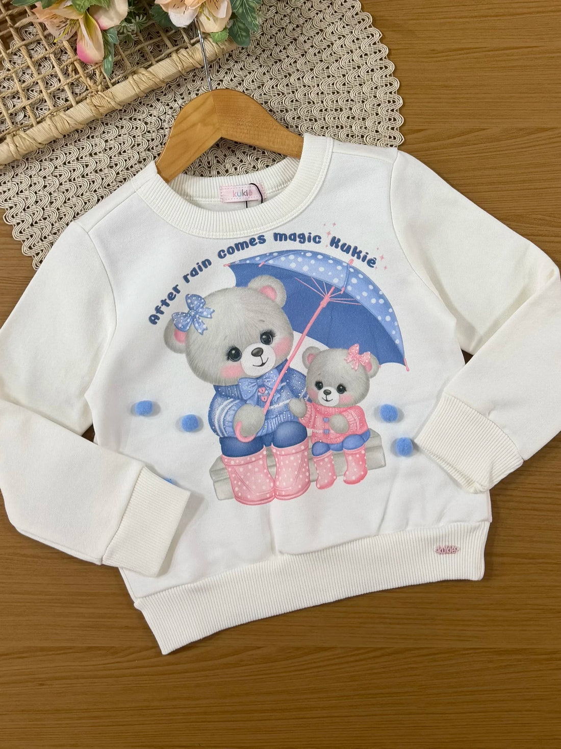 Conjunto Infantil Kukiê Inverno com Calça Legging Azul e Moletom Flanelado Ursinhas Pom Pom