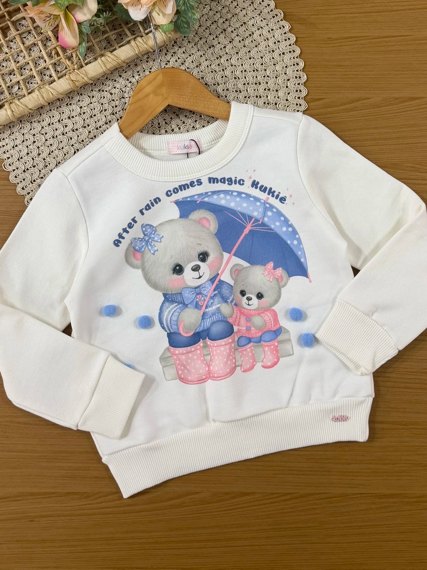 Conjunto Infantil Kukiê Inverno com Calça Legging Azul e Moletom Flanelado Ursinhas Pom Pom