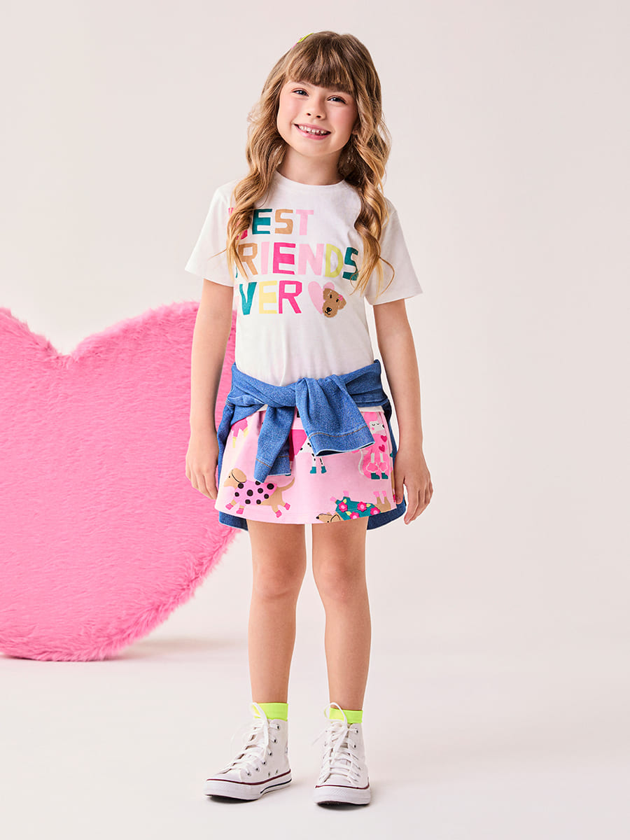 Conjunto Infantil Bimbi Inverno com Short-Saia Rosa e Blusa Branca Best Friends