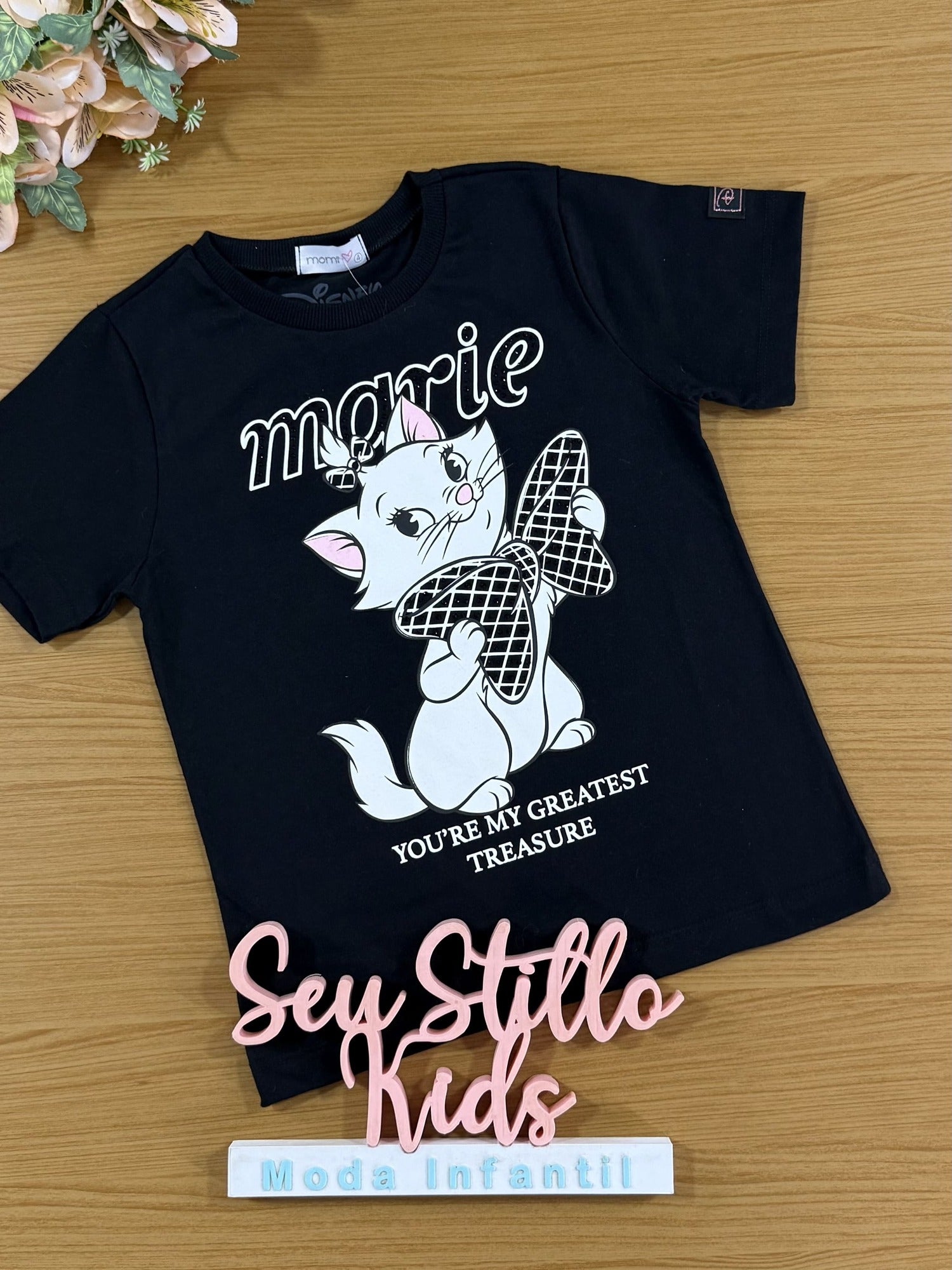 Blusa Infantil Momi Manga Curta Preta Marie Disney