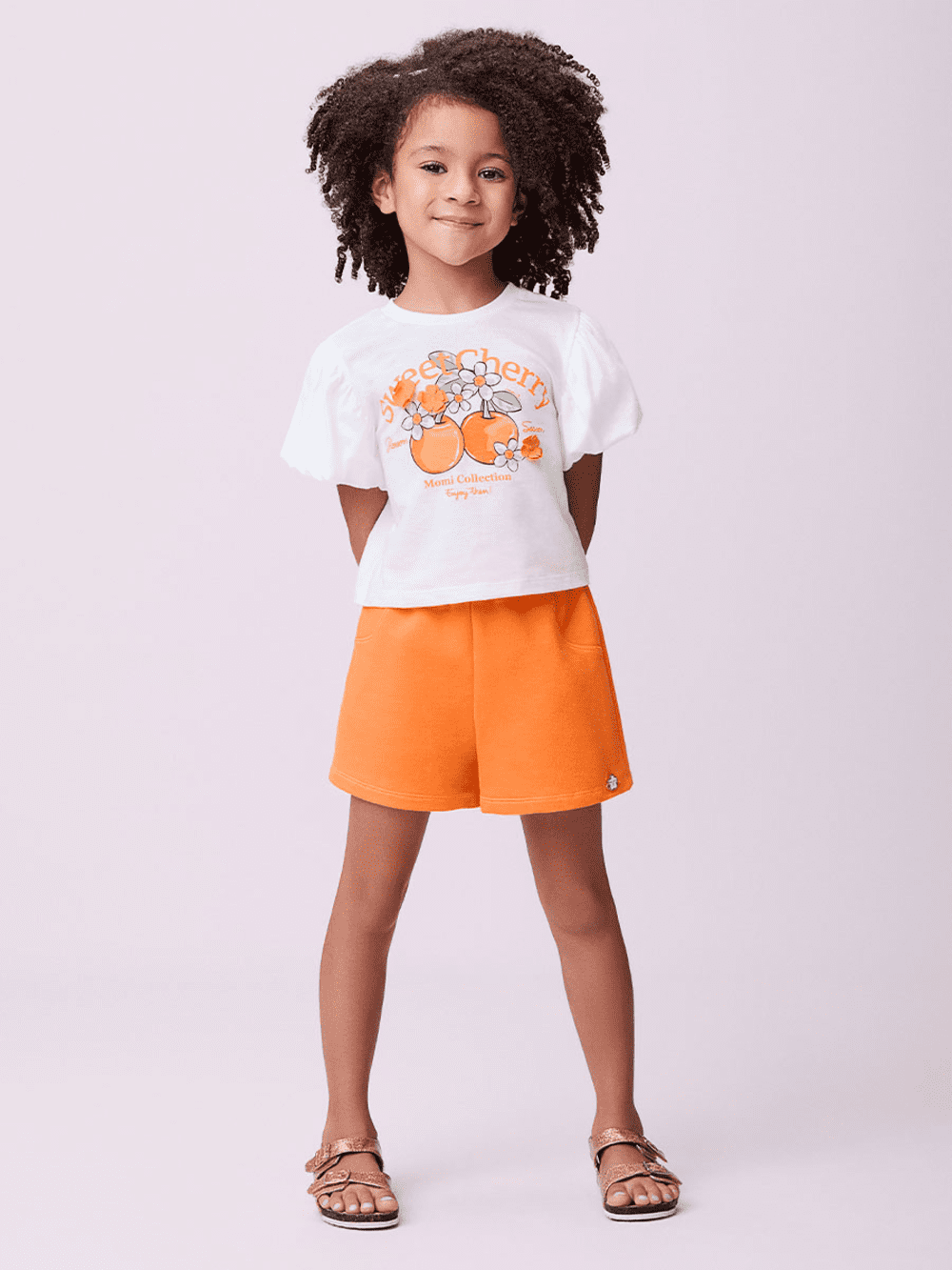 Conjunto Infantil Momi Verão Shorts Laranja e Blusa Cereja Doce