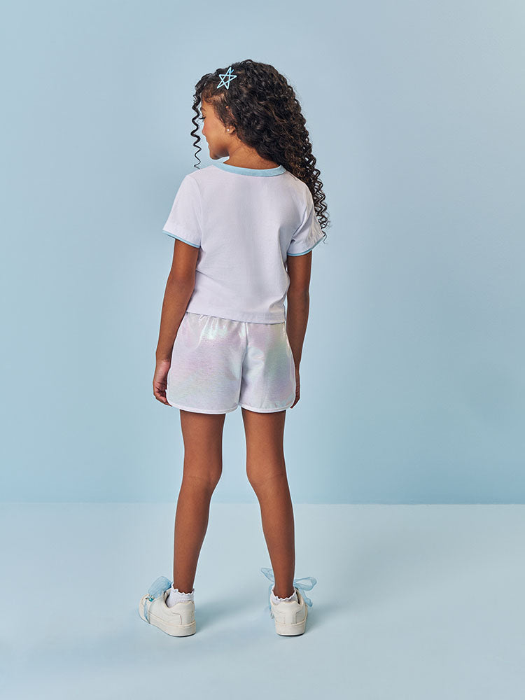 Conjunto Infantil Cinti Verão com Shorts Holográfico e Blusa Branca Sport