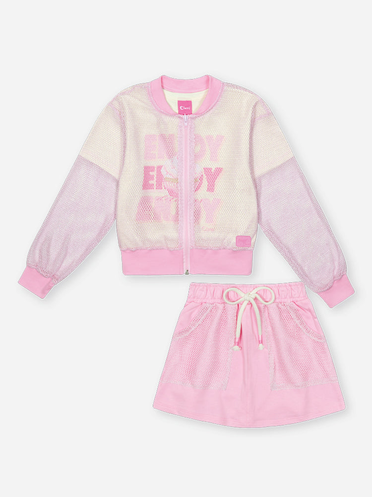 Conjunto Infantil Cinti Verão com Short-Saia, Blusa e Sobreposição em Tela Rosa Enjoy
