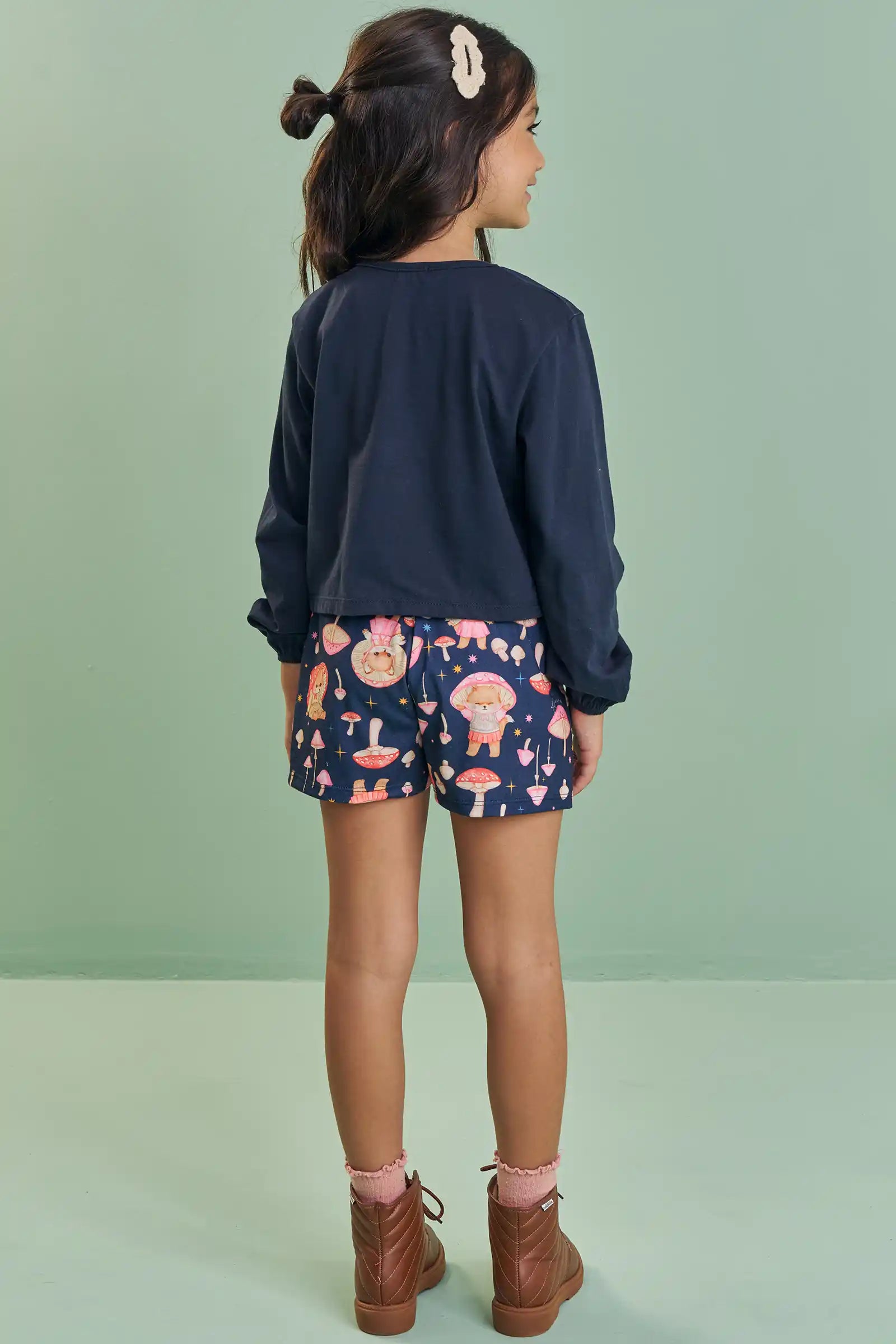 Conjunto Infantil Kukiê Inverno com Shorts e Blusa Manga Longa Azul Marinho Casinha Cogumelo