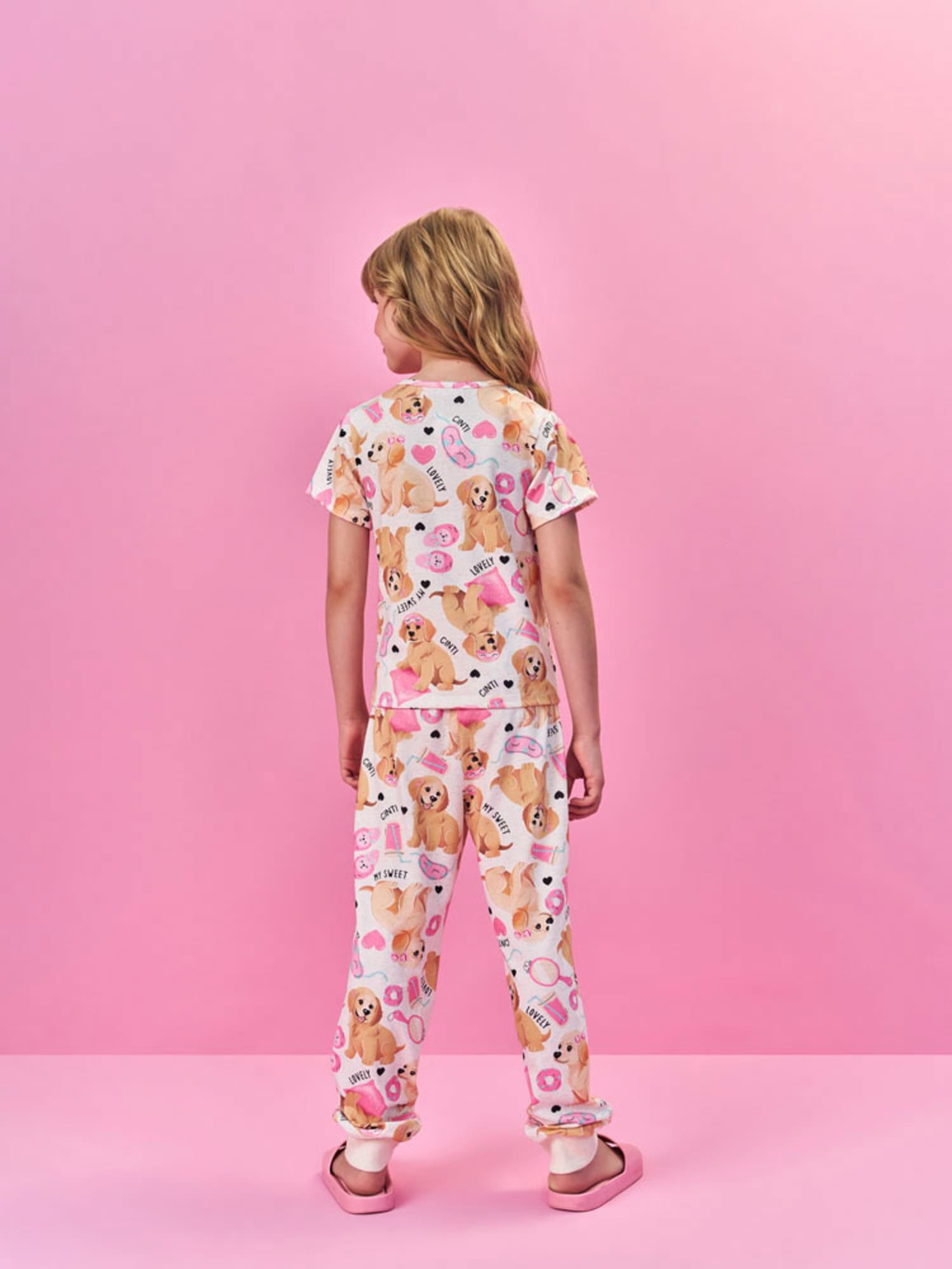 Pijama Infantil Cinti Verão com Calça e Blusa Off White Cachorrinhos
