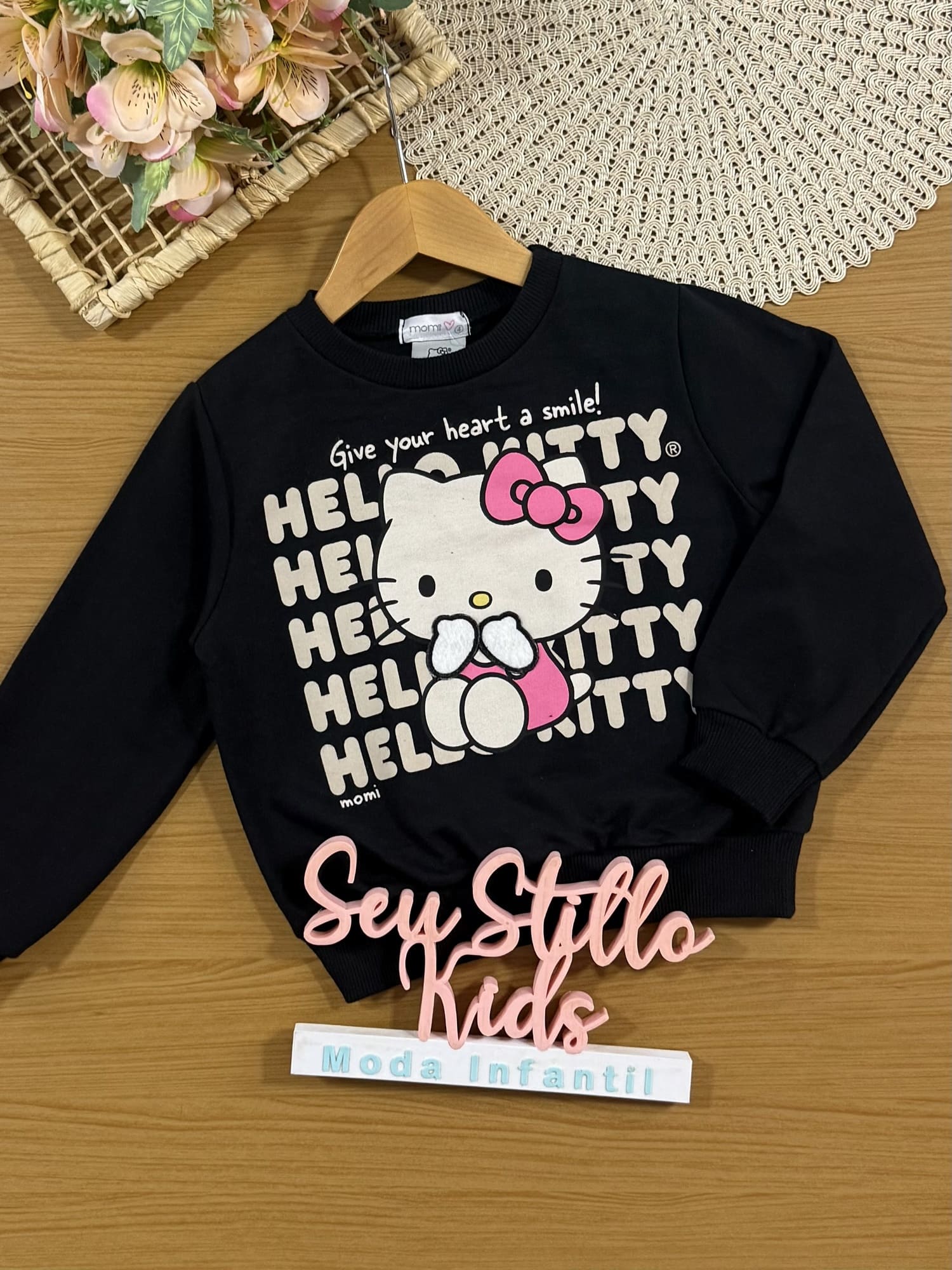 Moletom Infantil Momi Inverno sem Flanela Preto Hello Kitty