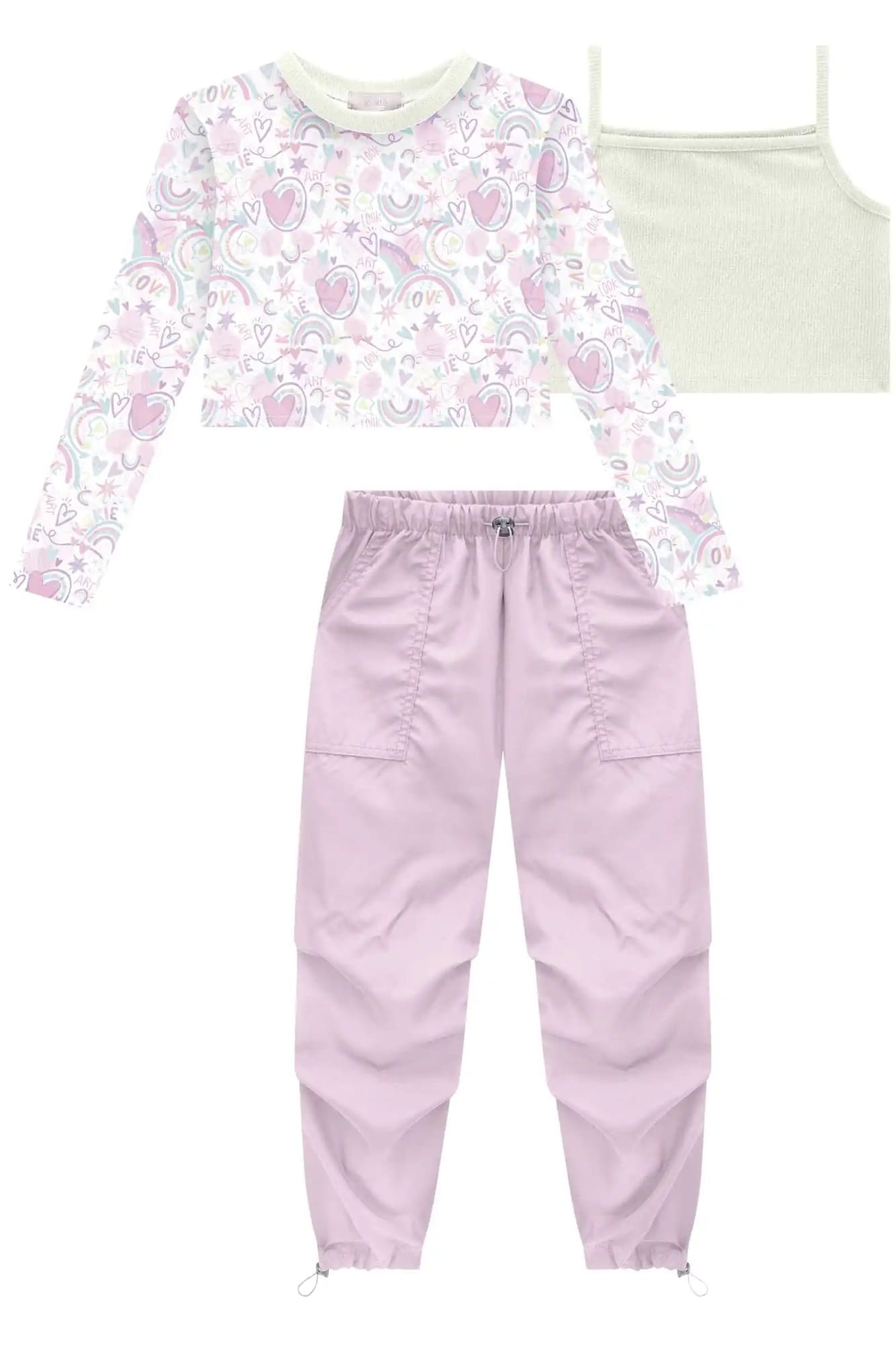 Conjunto Infantil Kukie Inverno Calça Cargo Sobreposição em Tule e Top