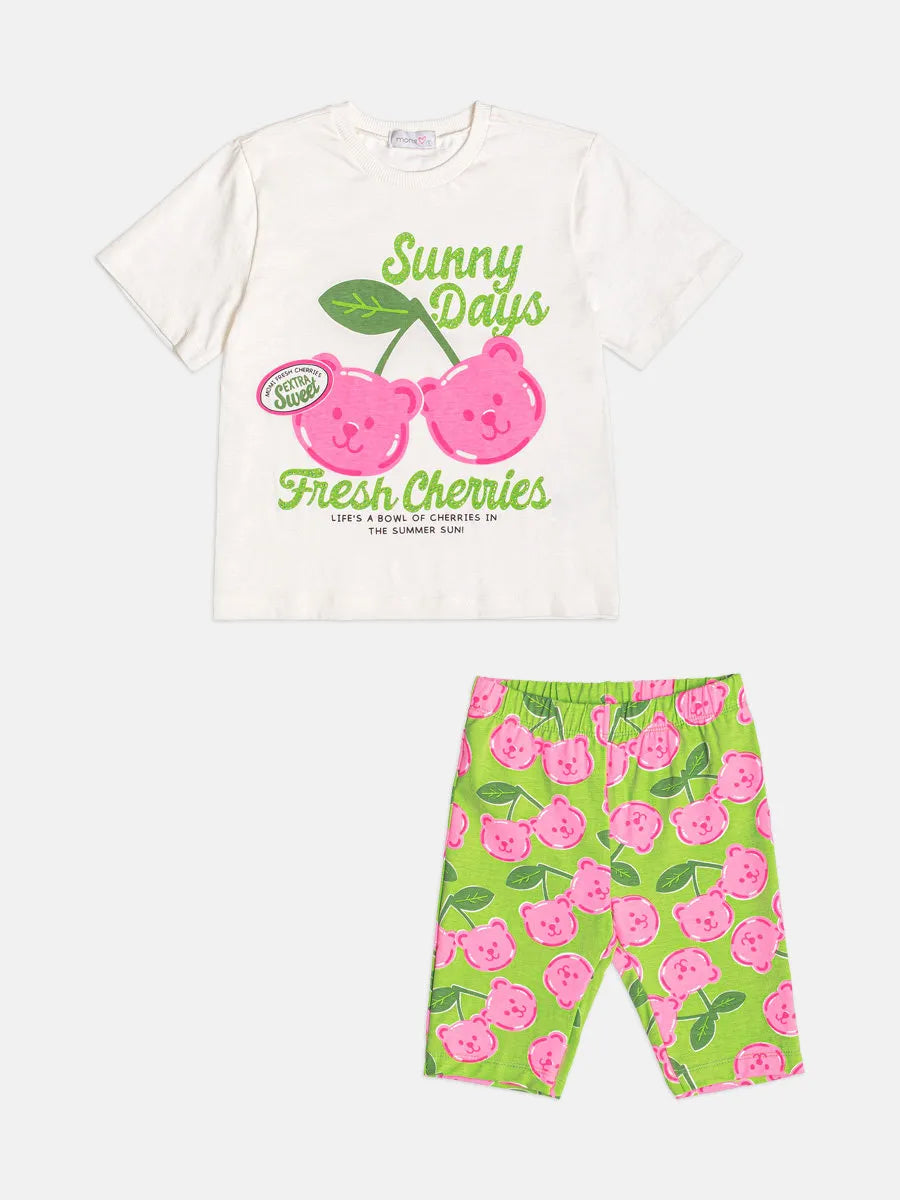 Conjunto Infantil Menina Momi com Shorts Ciclista Verde e Blusa Branca Ursinhos Cereja