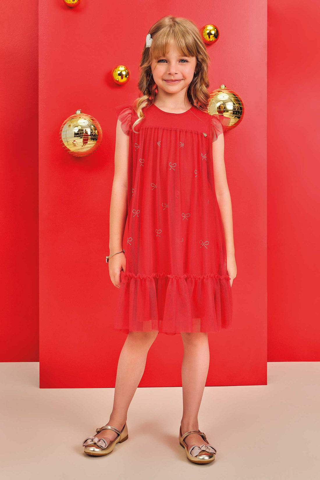 Vestido infantil Kukie Verão Vermelho Tule Lacinho
