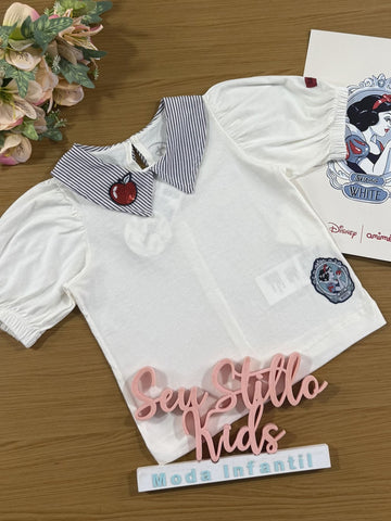 Blusa Infantil Animê Manga Curta Maçã Branca de Neve Disney