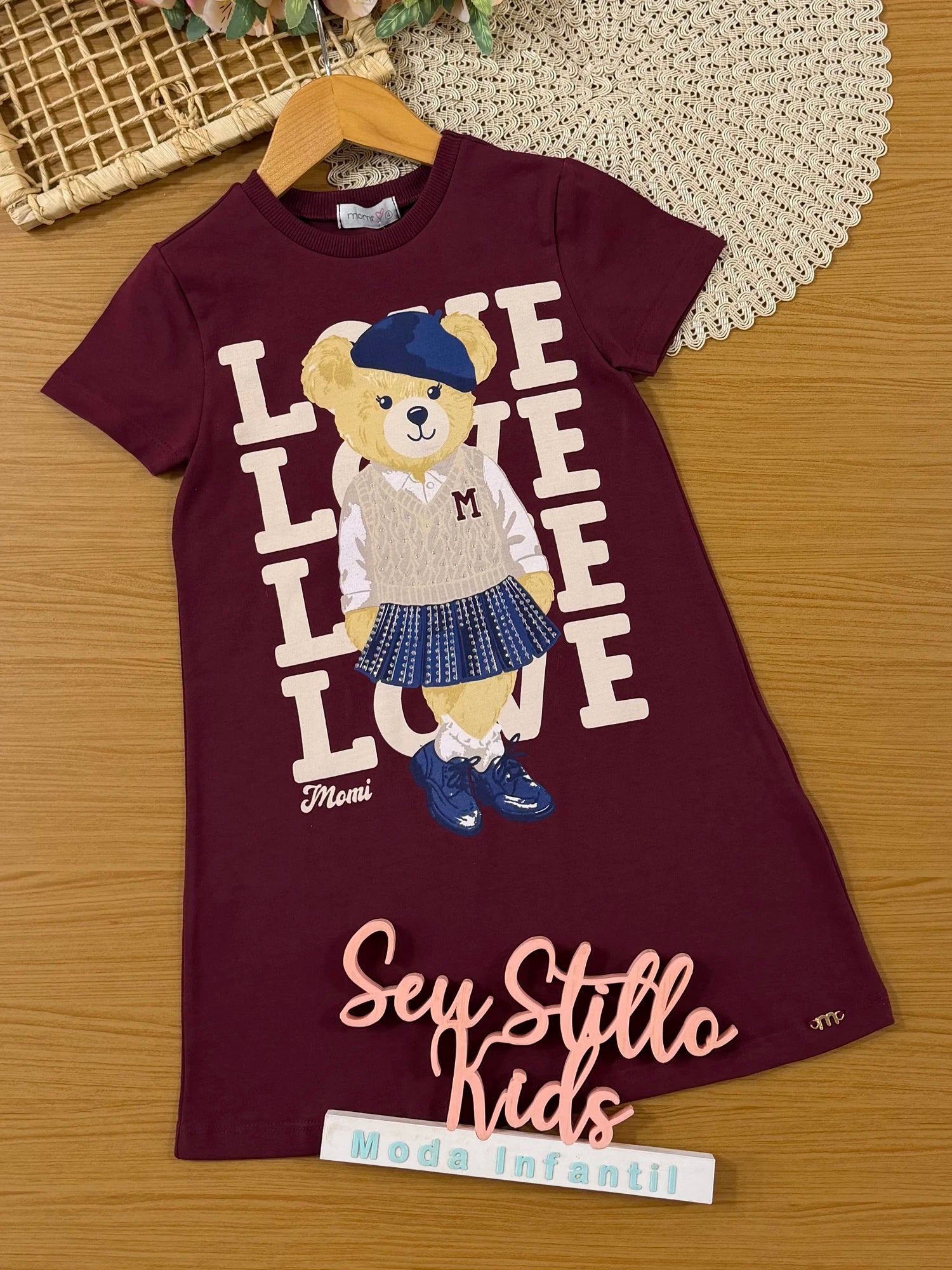 Vestido Infantil Momi Inverno Manga Curta Vinho Ursinha Love