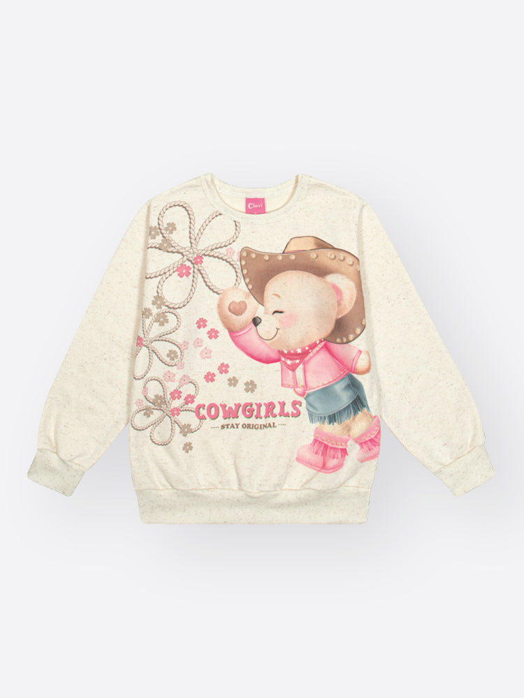 Conjunto Infantil Cinti Inverno com Calça e Moletom Flanelado Off White Ursinha Boiadeira