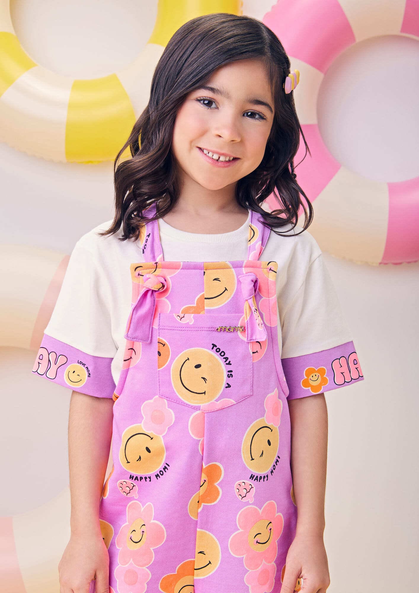 Jardineira Infantil Momi Verão Roxa Floral Smile