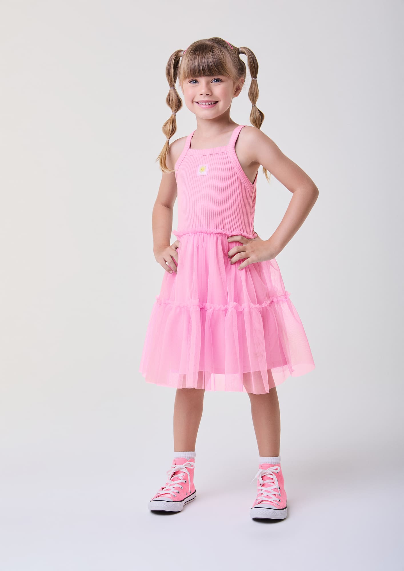 Vestido Infantil Bimbi Verão Rosa com Tule Joaninha