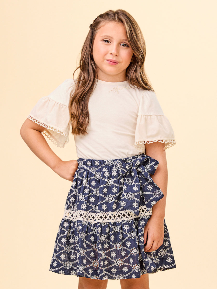 Conjunto Infantil Animê Verão Saia Bordada e Blusa